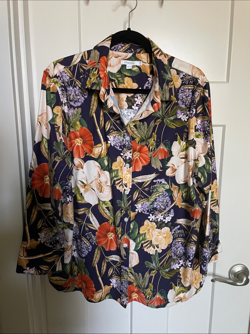 Chico's purple floral  Button-Down Shirt with orange, Cream & Yellow Blooms